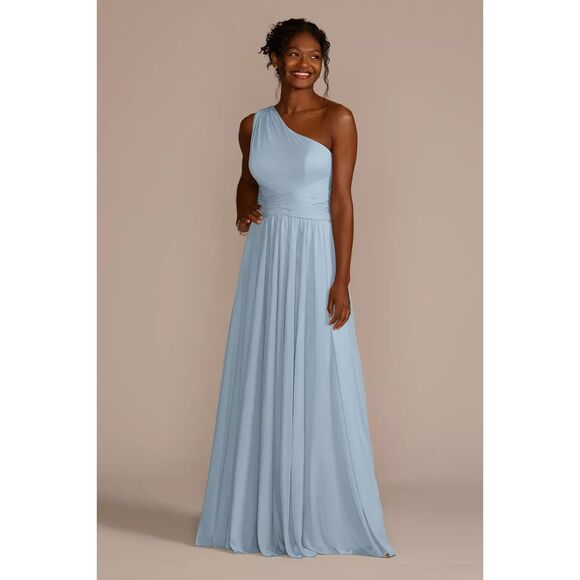 David's Bridal Long Mesh One Shoulder Bridesmaid Dress Ice Blue Size 20 NWT - Picture 1 of 8